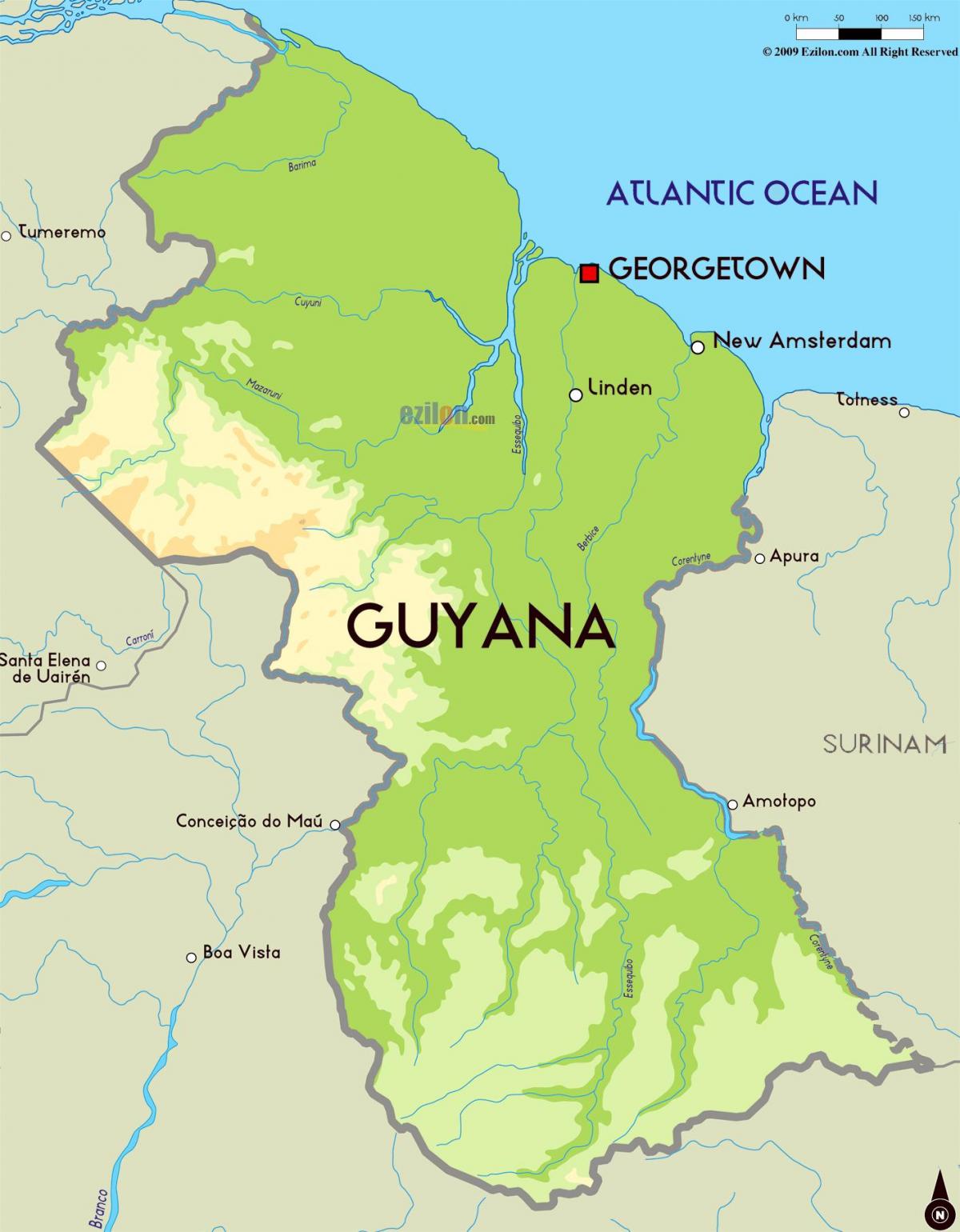 kaart van die fisiese kaart van Guyana