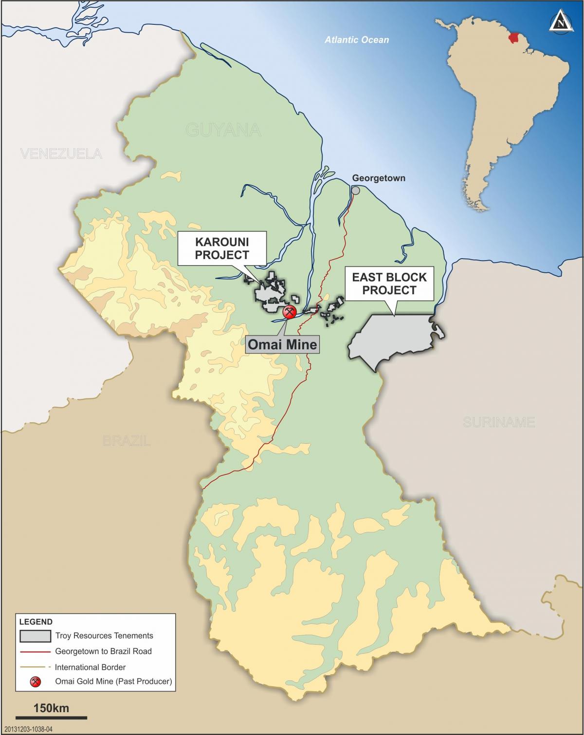 kaart van Guyana wat minerale hulpbronne