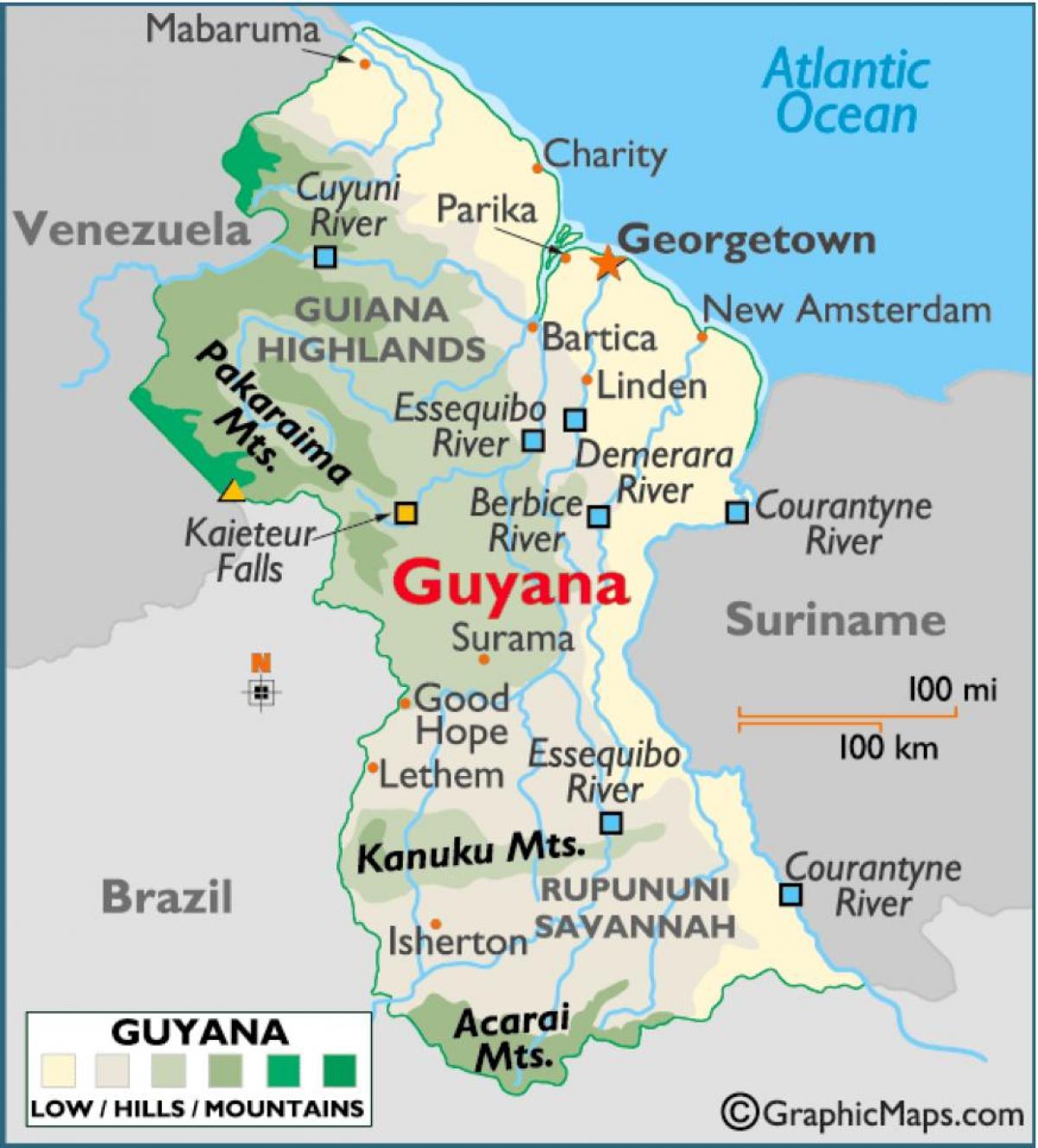 kaart van Guyana wat bergreekse