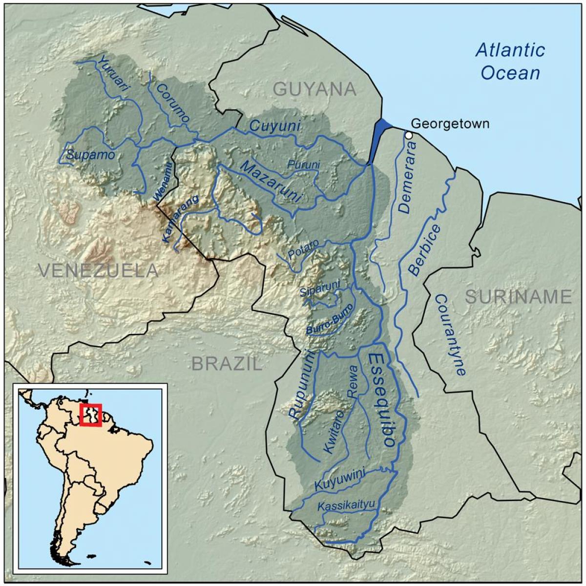 kaart van Guyana wat die drie belangrikste riviere