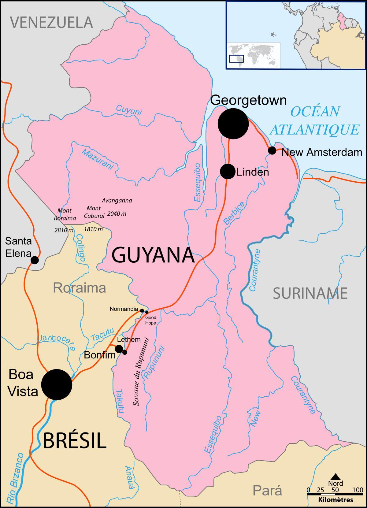 kaart van Guyana plek op die wêreld
