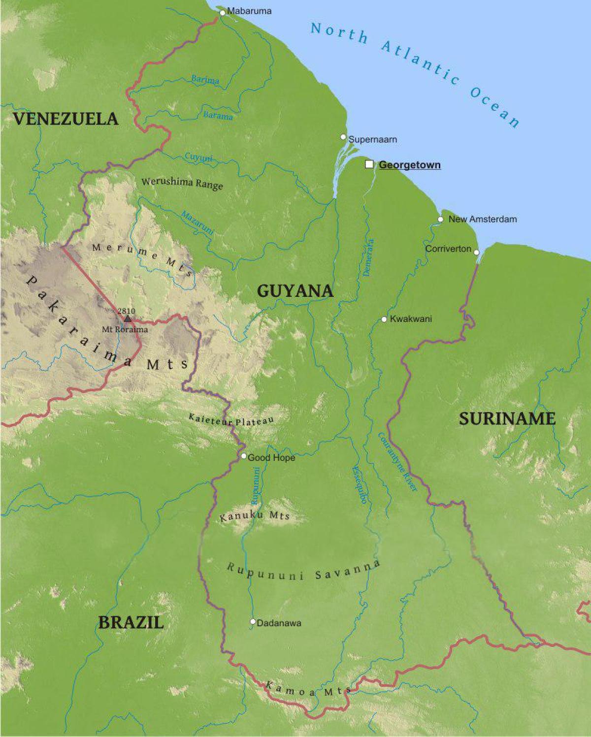 kaart van Guyana wat die lae kusvlakte
