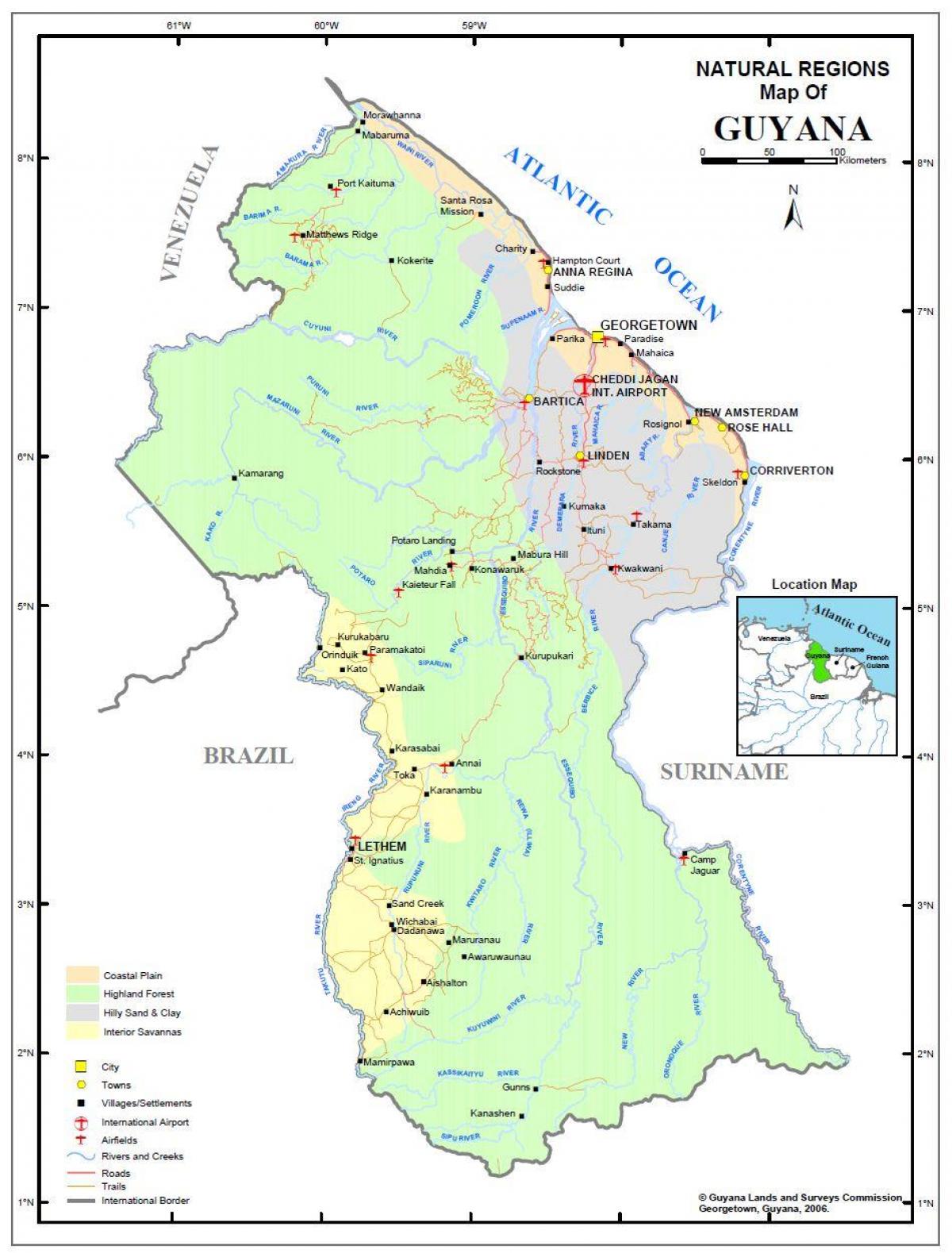 kaart van Guyana wat natuurlike hulpbronne