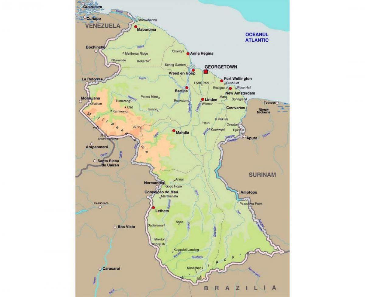 kaart van Guyana wat die dorpe