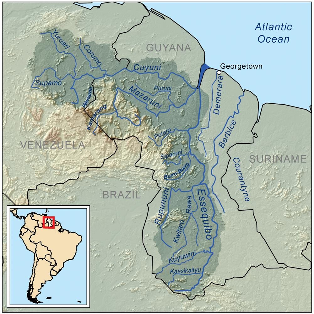 kaart van Guyana wat die riviere
