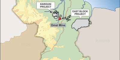 Kaart van Guyana wat minerale hulpbronne