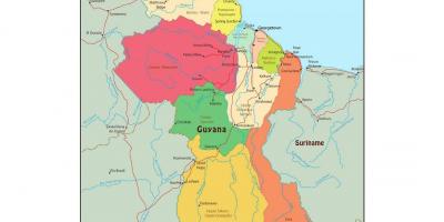 Kaart van Guyana wat 10 administratiewe streke
