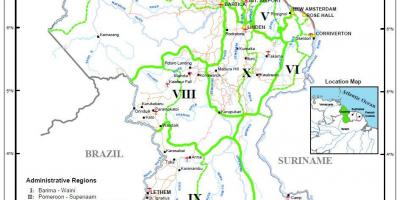 Kaart van Guyana wat die tien administratiewe streke