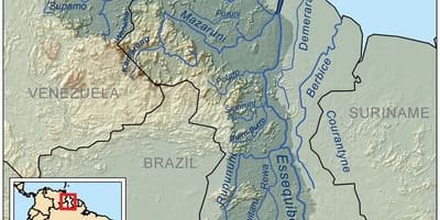 Kaart van Guyana wat die drie belangrikste riviere