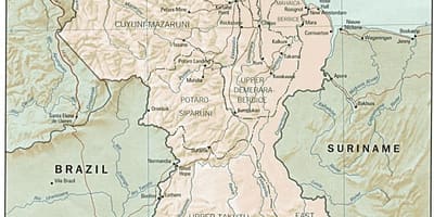 Kaart van Guyana wat die drie provinsies