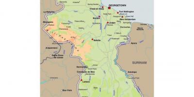 Kaart van Guyana wat die dorpe